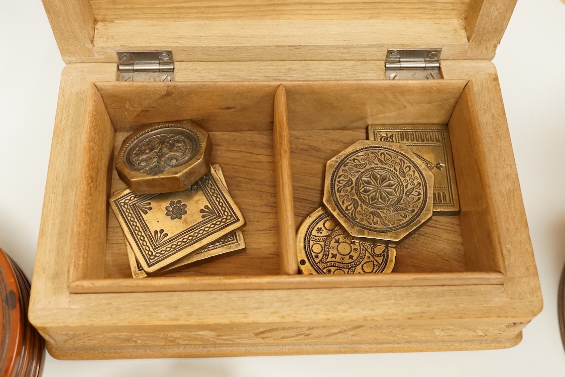 Two treen boxes, a cigarette box, a tortoiseshell box, a military tobacco box, a plated box and various decorative metal panels, CITES Submission reference, KPXPJXQU